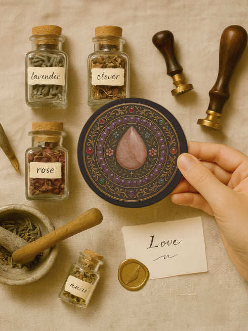 Round ceramic drink coaster featuring a detailed rose quartz-inspired teardrop surrounded by floral and gemstone baroque patterns. Black background with jewel-toned accents and gold scrollwork. The coaster has a non-slip cork base and measures approximately 4 inches in diameter. Perfect for hot or cold beverages, this witchy decor piece enhances any coffee cart, altar, or side table. Suitable for use in whimsigoth, gothic, or celestial-themed spaces.
